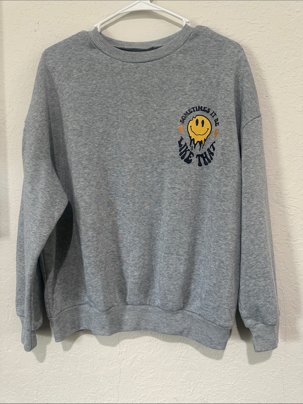SHEIN Gray Crewneck Sweatshirt with Yellow Smiley Graphic